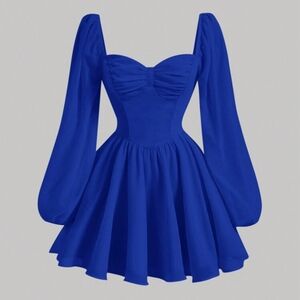 SHEIN MOD Royal Blue Babydoll Dress Sweetheart Latern Sleeves Size Large